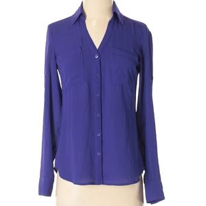 Express Purple Button-Down V-Neck Blouse Shirt